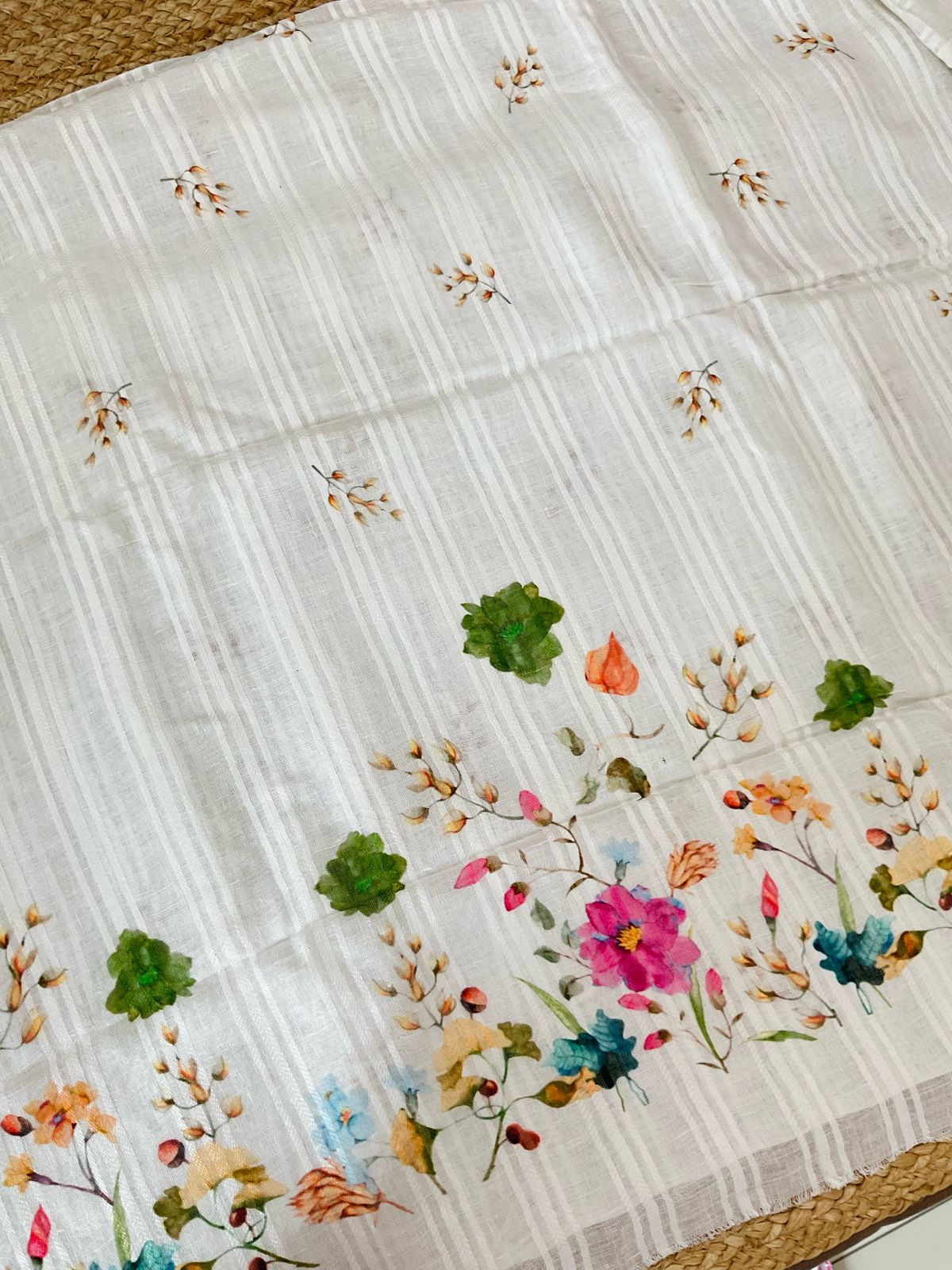 Pure Linen Jute Cotton Printed Suit - Offwhite