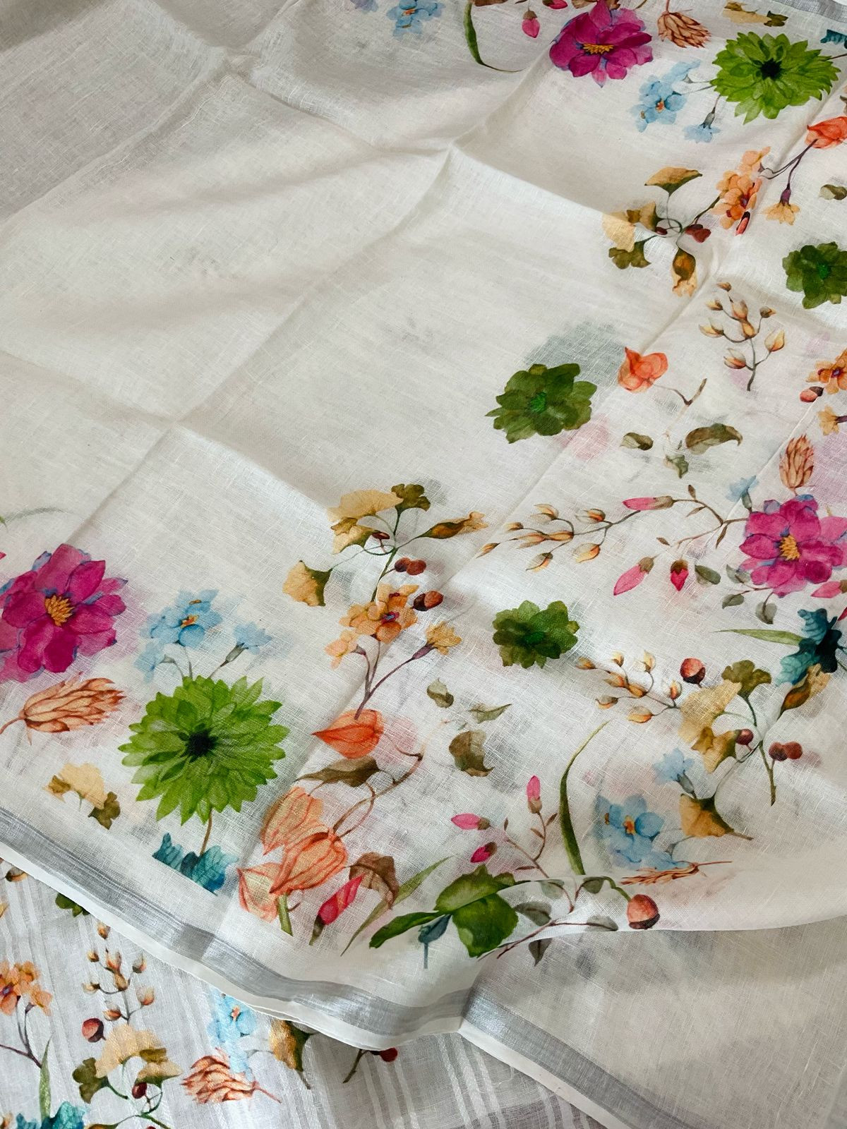 Pure Linen Jute Cotton Printed Suit - Offwhite