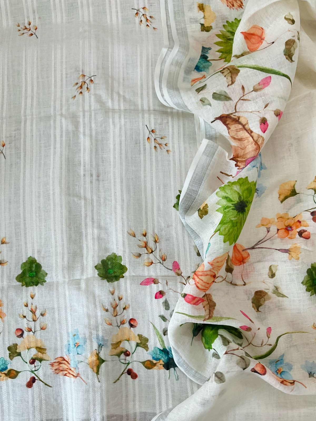 Pure Linen Jute Cotton Printed Suit - Offwhite