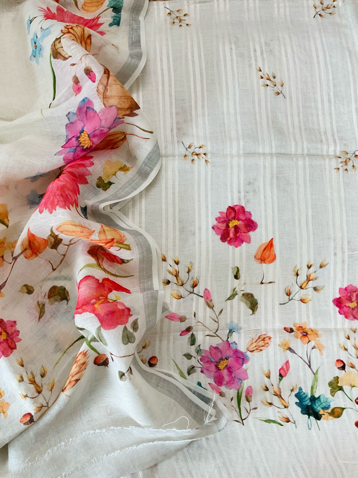 Pure Linen Jute Cotton Printed Suit - Offwhite