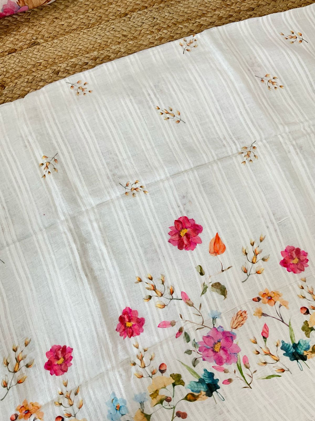Pure Linen Jute Cotton Printed Suit - Offwhite