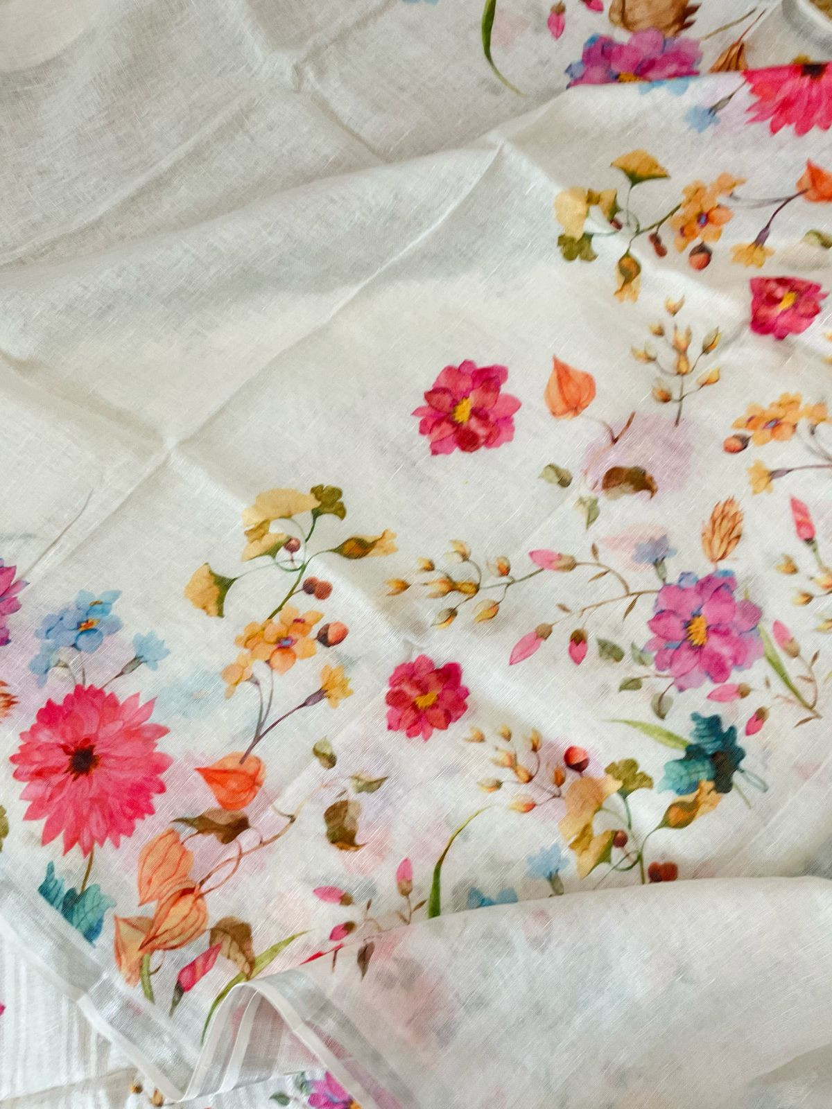 Pure Linen Jute Cotton Printed Suit - Offwhite