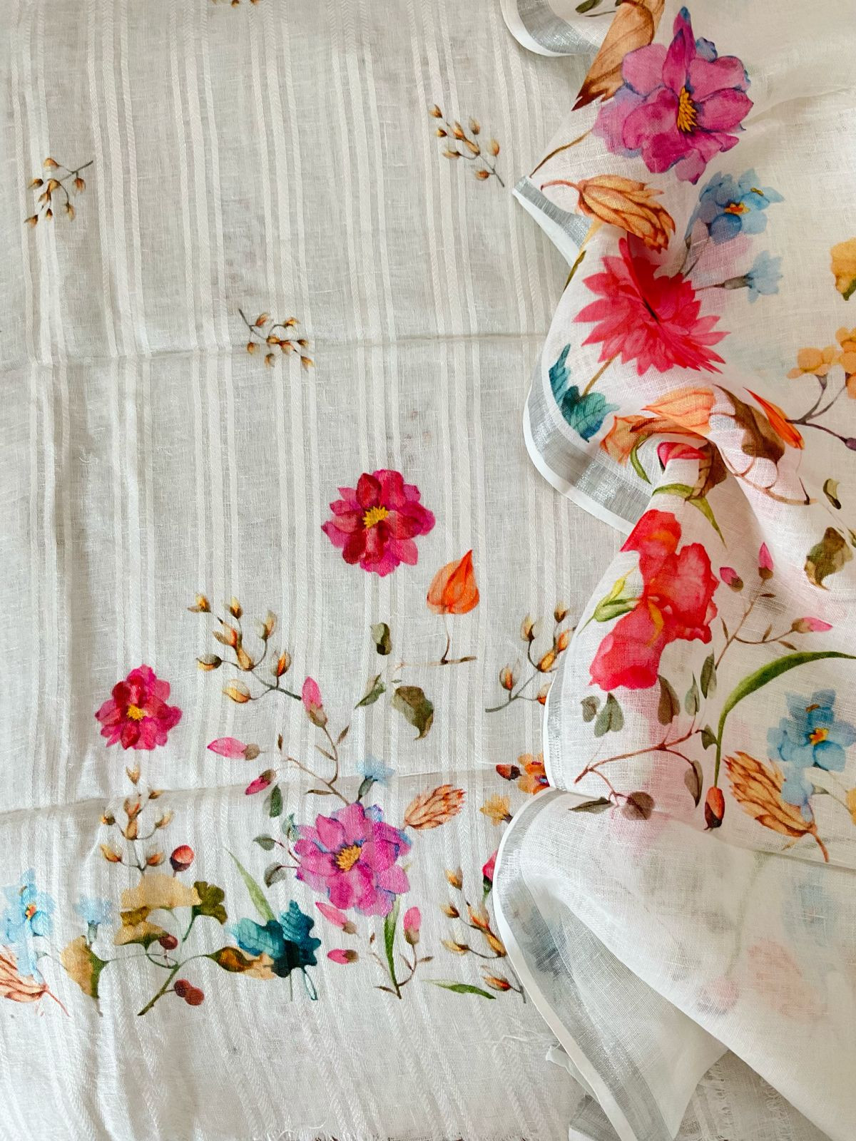 Pure Linen Jute Cotton Printed Suit - Offwhite