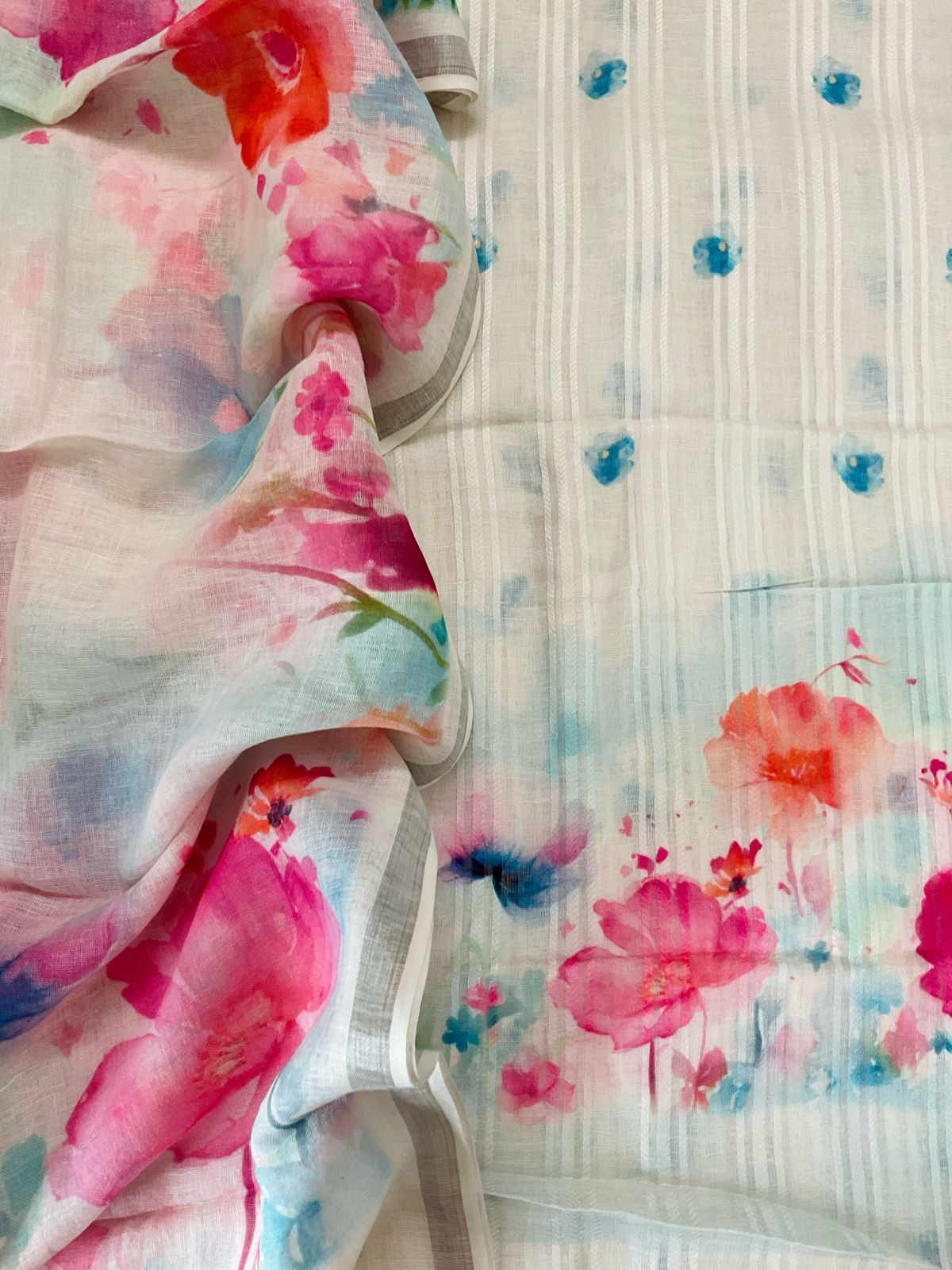 Pure Linen Jute Cotton Printed Suit - Offwhite