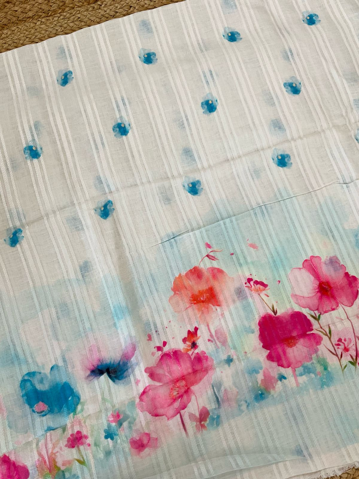 Pure Linen Jute Cotton Printed Suit - Offwhite