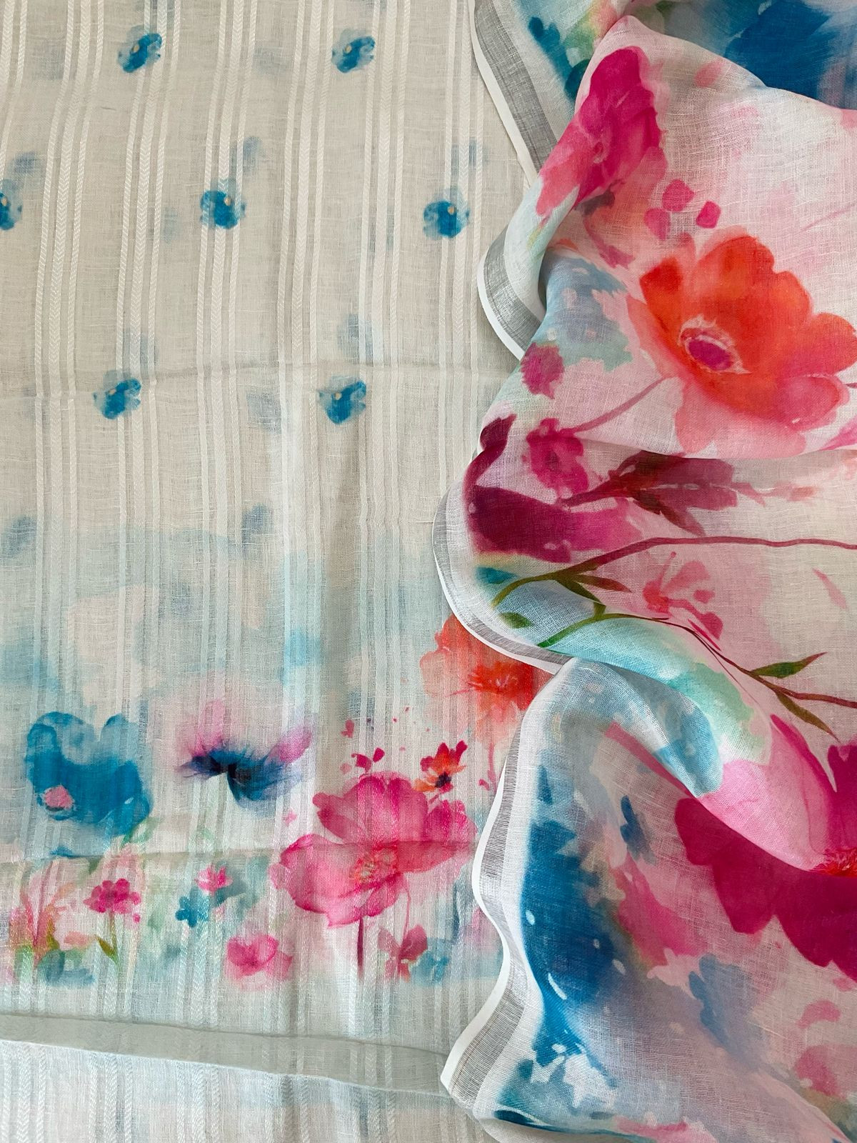 Pure Linen Jute Cotton Printed Suit - Offwhite