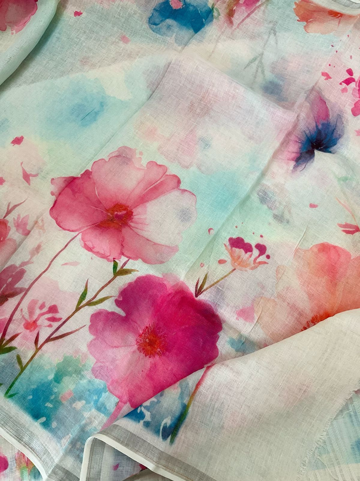 Pure Linen Jute Cotton Printed Suit - Offwhite