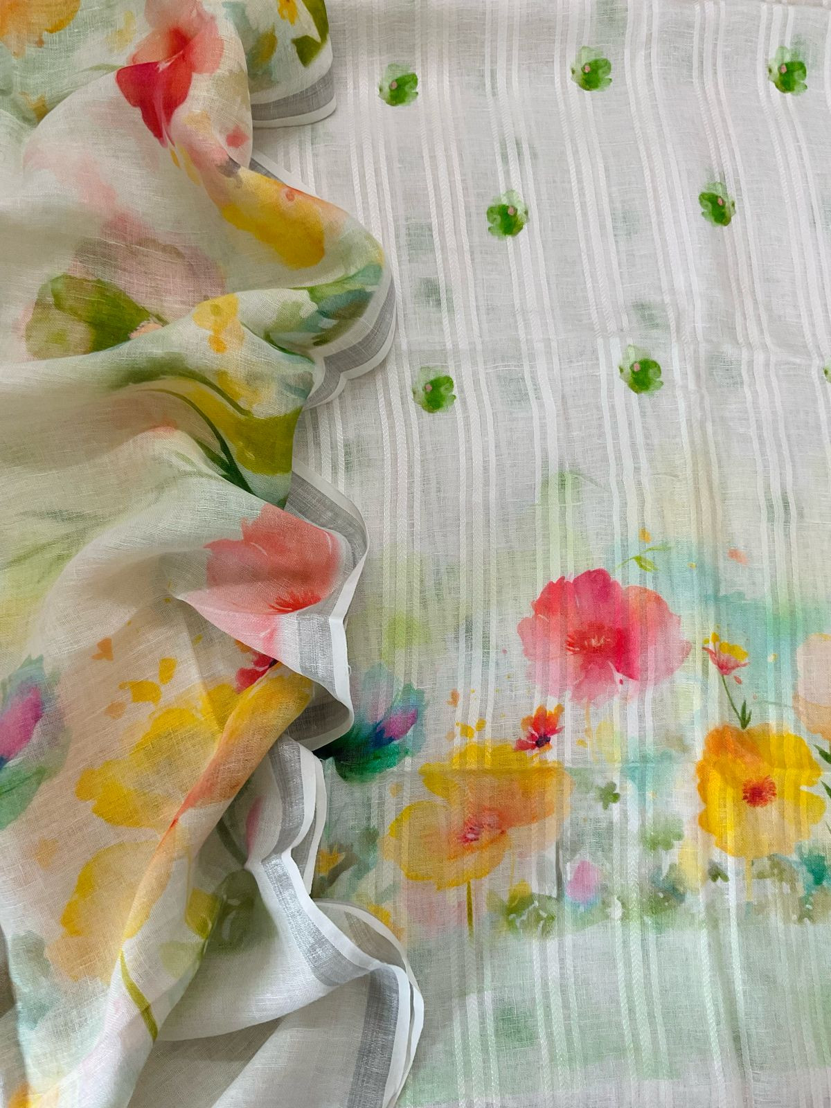 Pure Linen Jute Cotton Printed Suit - Offwhite