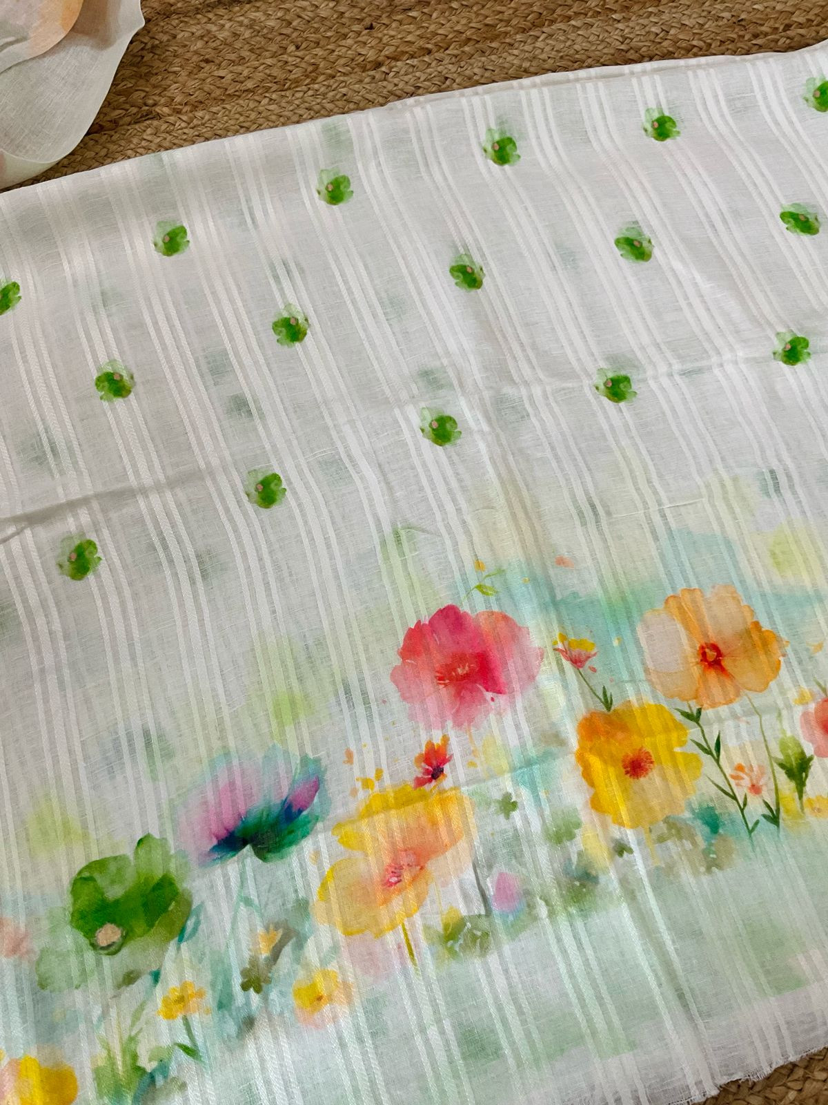 Pure Linen Jute Cotton Printed Suit - Offwhite