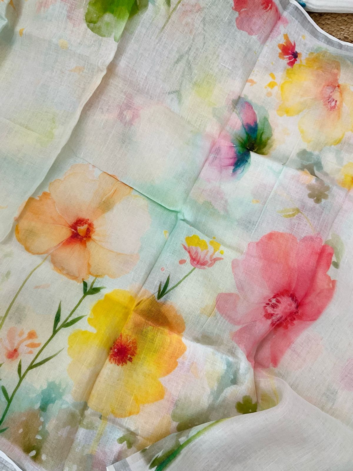 Pure Linen Jute Cotton Printed Suit - Offwhite