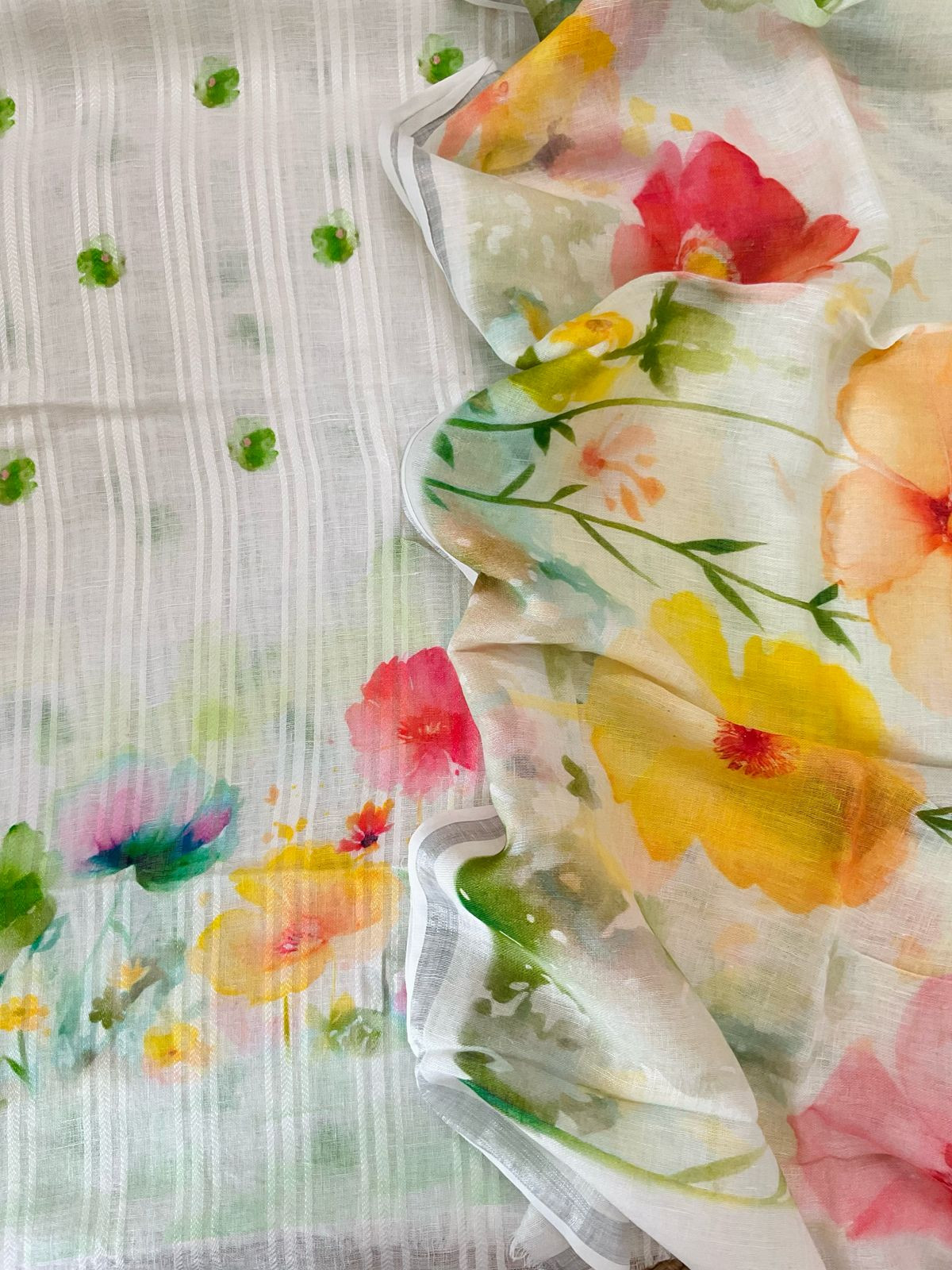 Pure Linen Jute Cotton Printed Suit - Offwhite