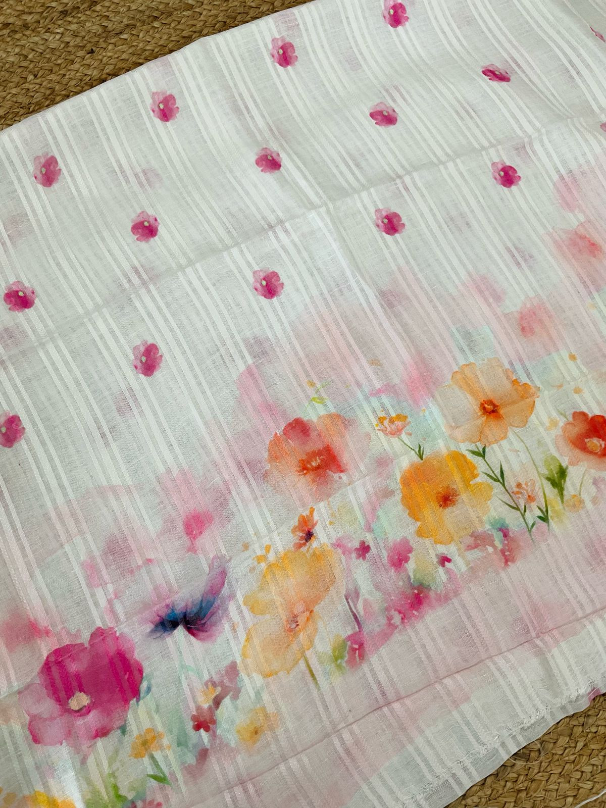 Pure Linen Jute Cotton Printed Suit - Offwhite