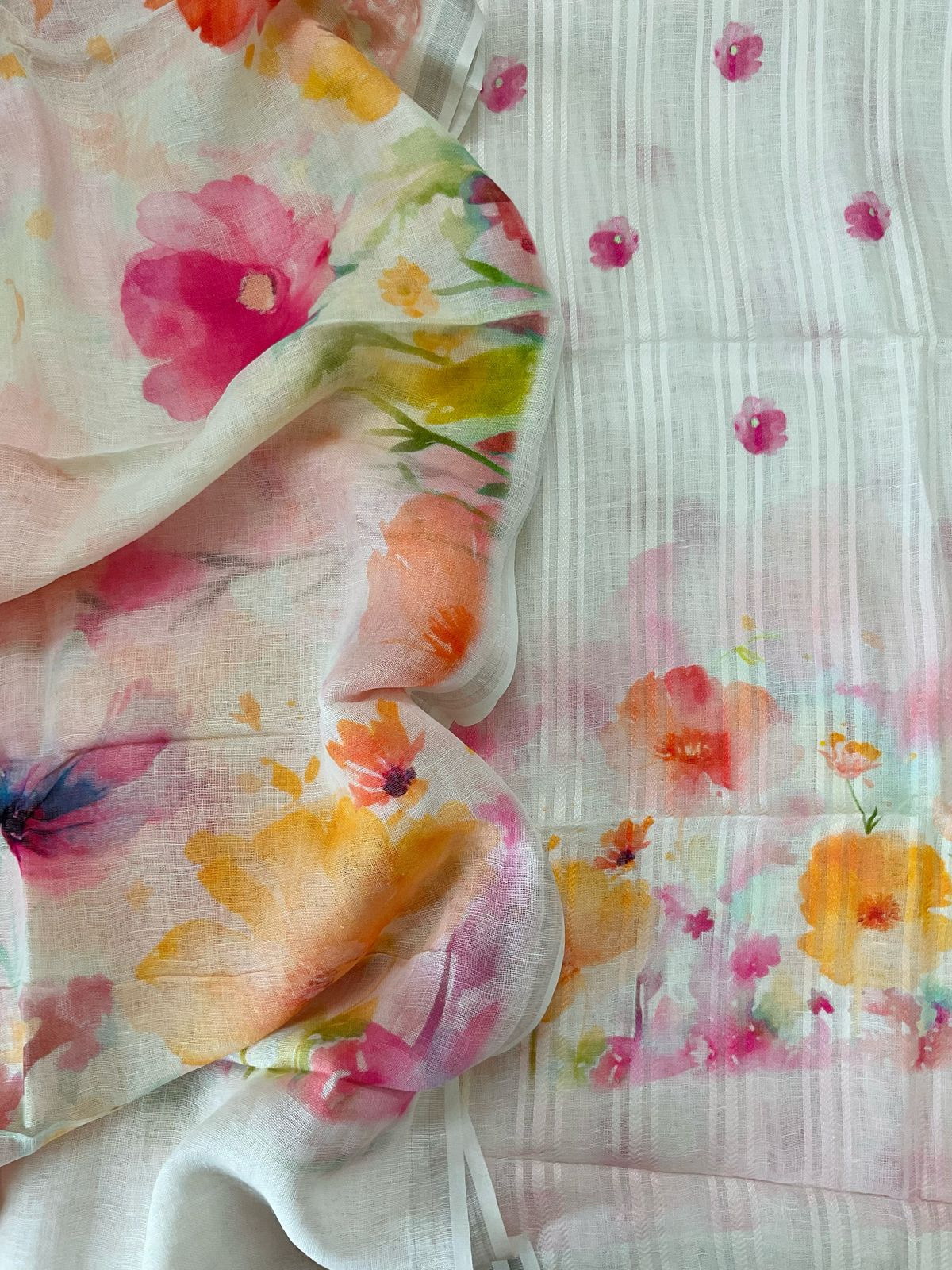 Pure Linen Jute Cotton Printed Suit - Offwhite