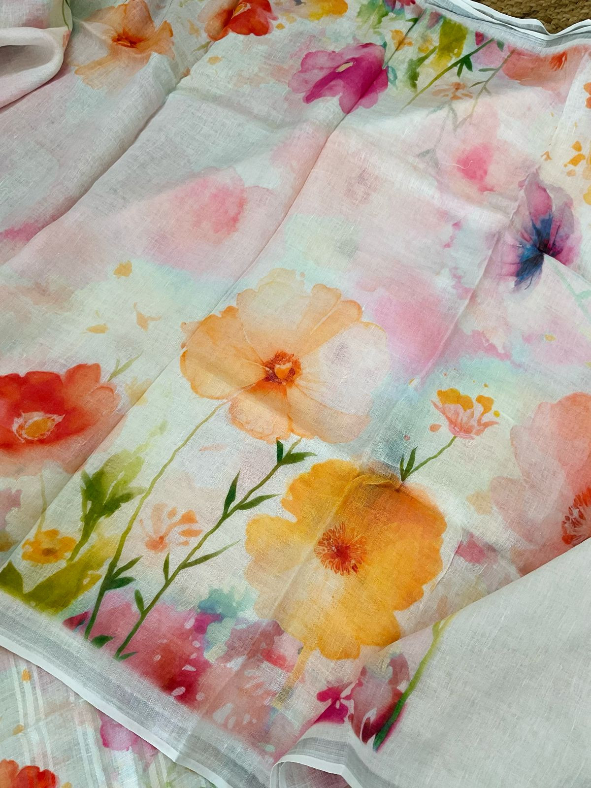 Pure Linen Jute Cotton Printed Suit - Offwhite