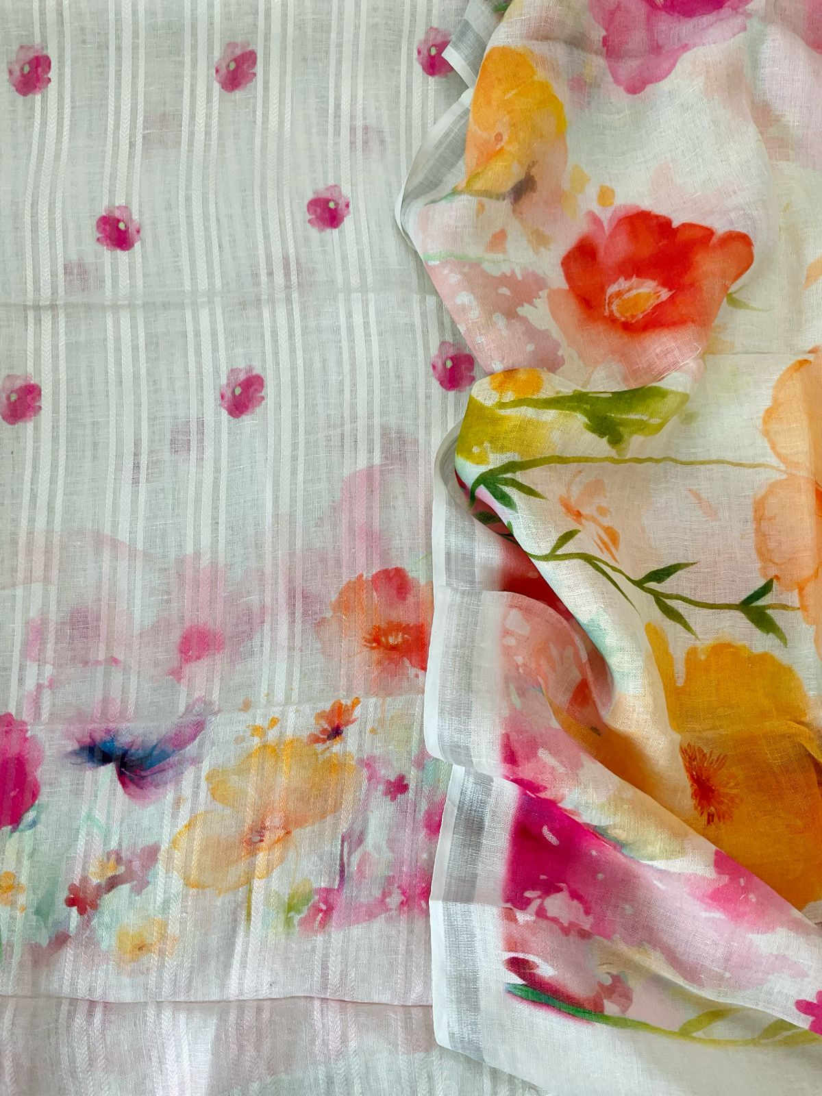 Pure Linen Jute Cotton Printed Suit - Offwhite