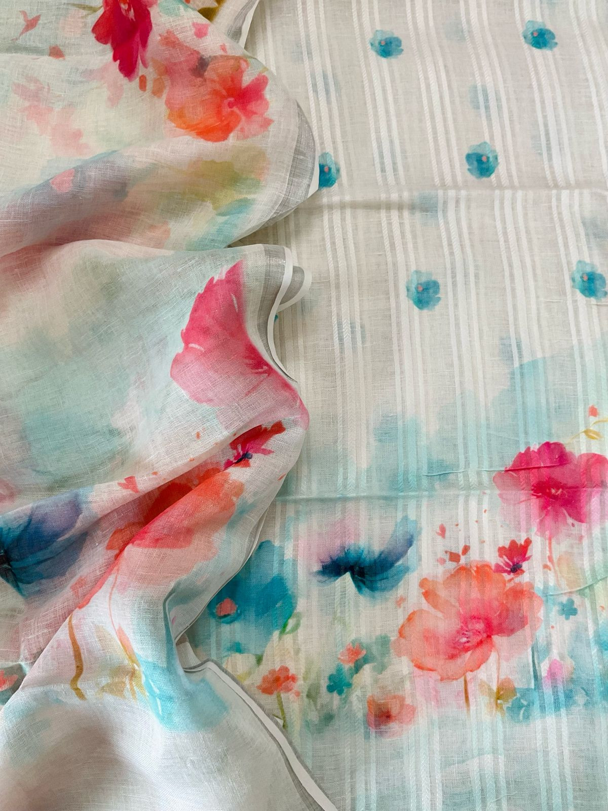 Pure Linen Jute Cotton Printed Suit - Offwhite