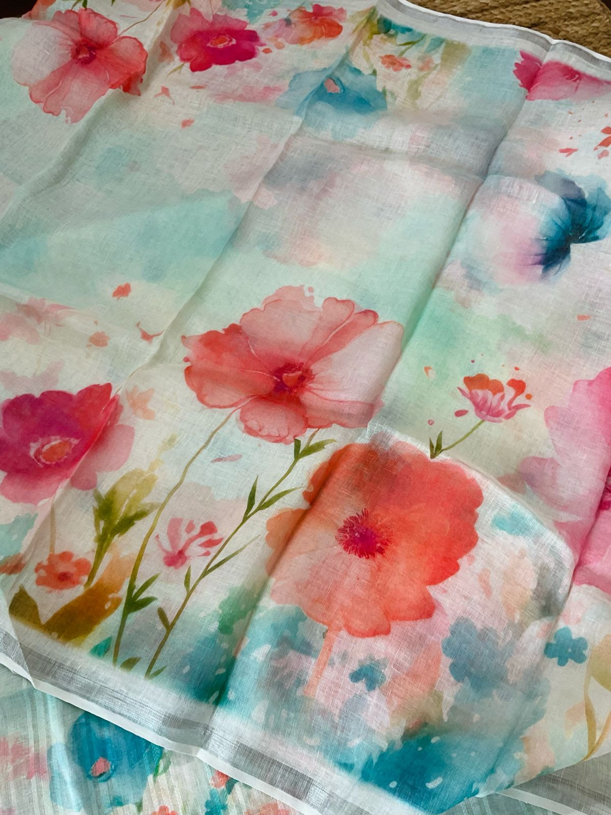 Pure Linen Jute Cotton Printed Suit - Offwhite