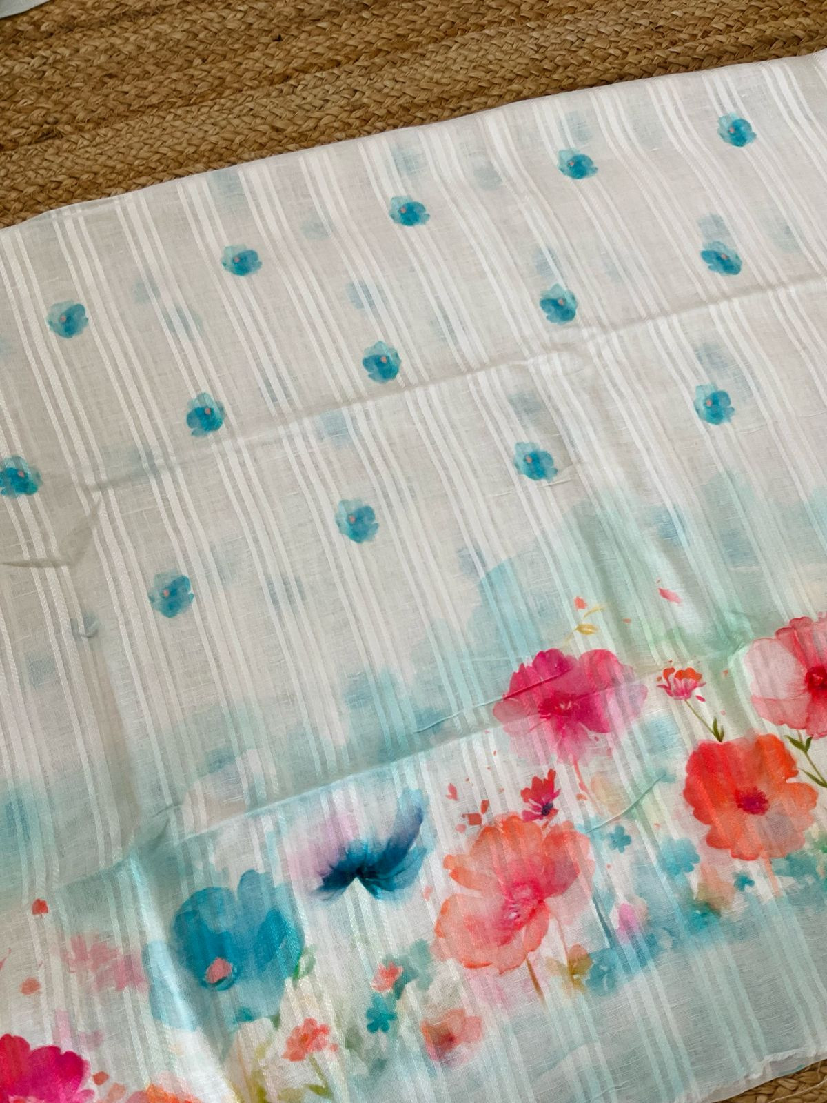 Pure Linen Jute Cotton Printed Suit - Offwhite