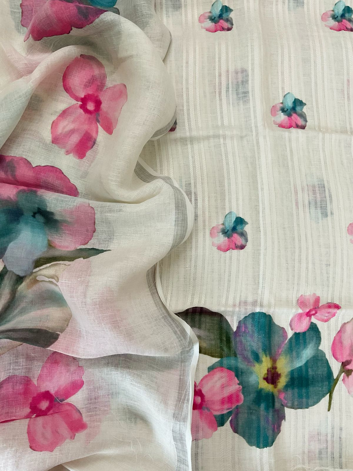 Pure Linen Jute Cotton Printed Suit - Offwhite