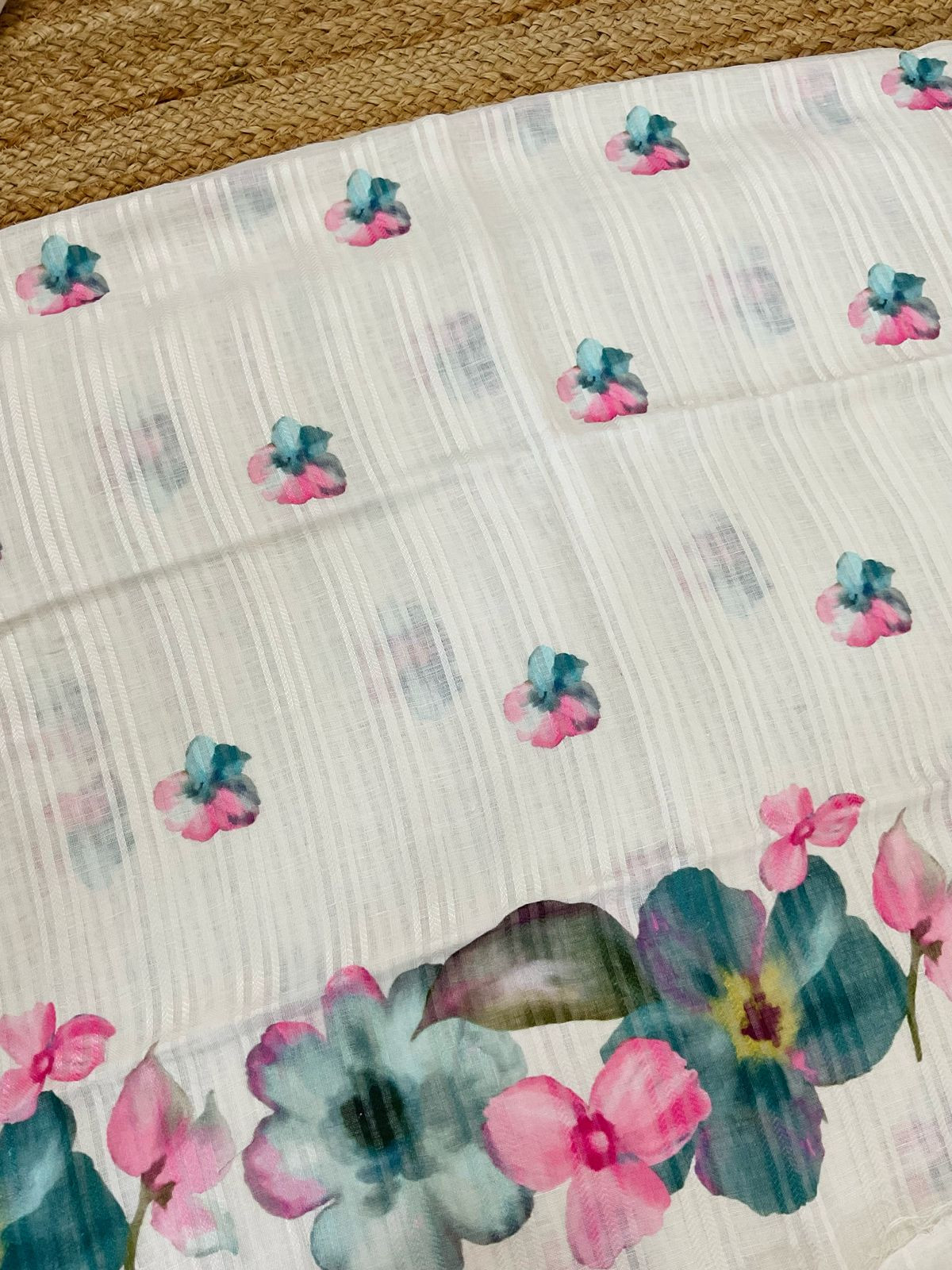 Pure Linen Jute Cotton Printed Suit - Offwhite