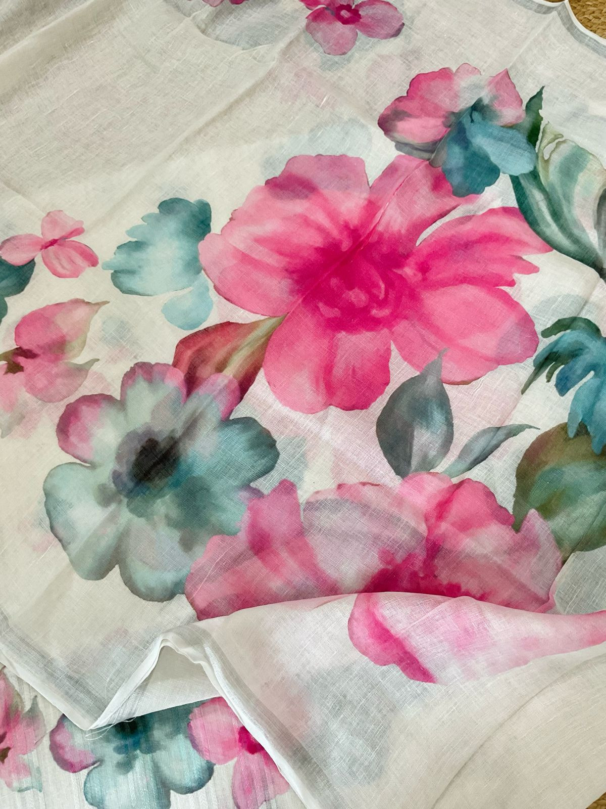 Pure Linen Jute Cotton Printed Suit - Offwhite