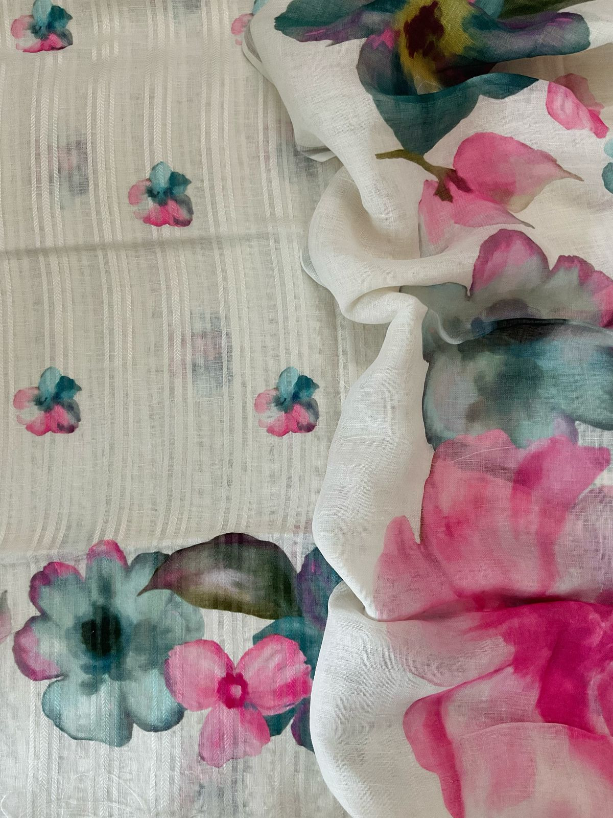 Pure Linen Jute Cotton Printed Suit - Offwhite