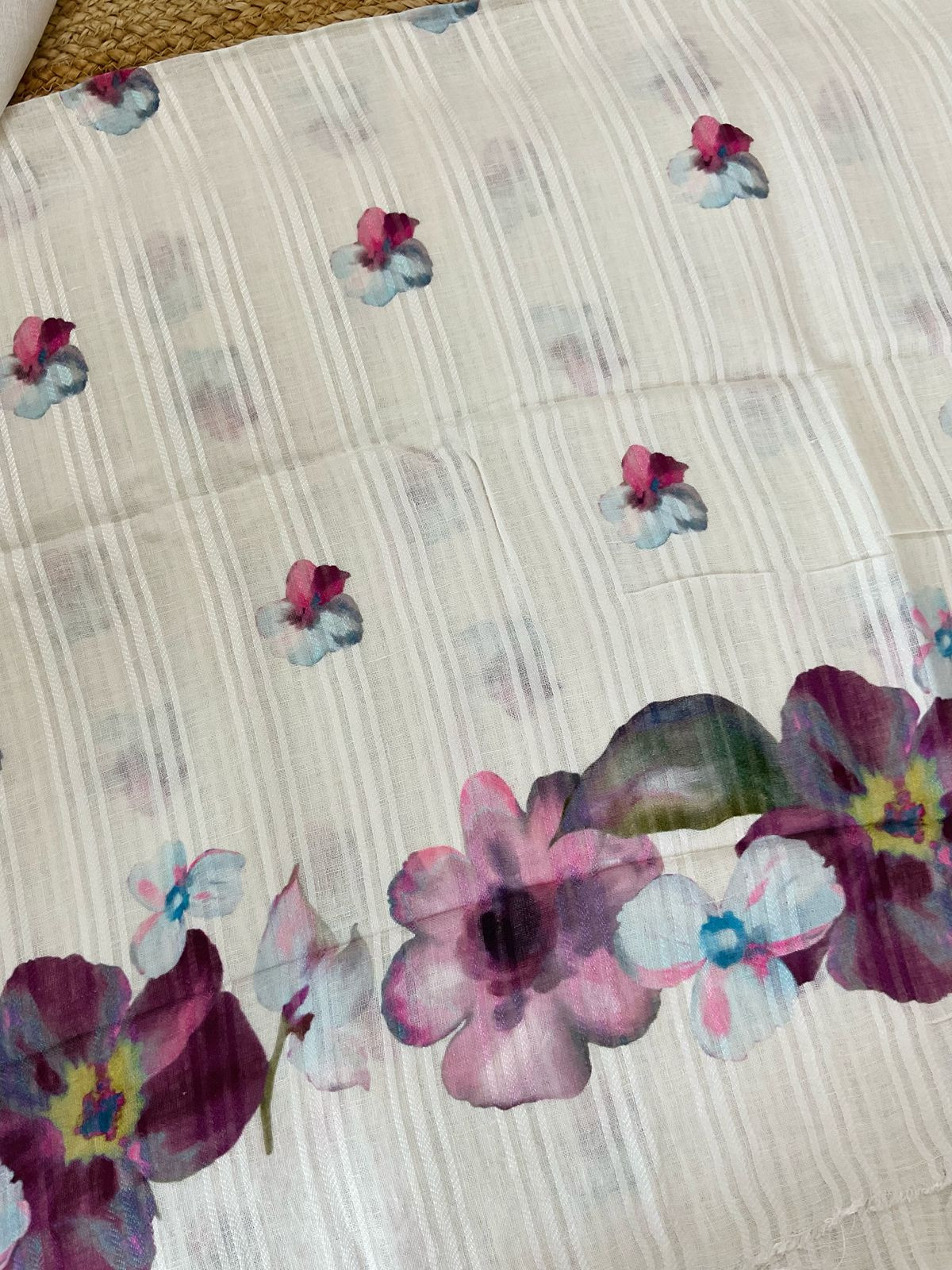 Pure Linen Jute Cotton Printed Suit - Offwhite