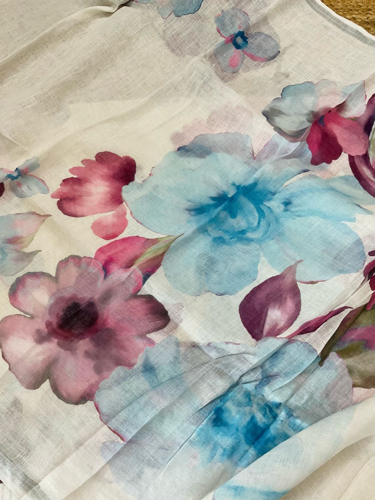 Pure Linen Jute Cotton Printed Suit - Offwhite