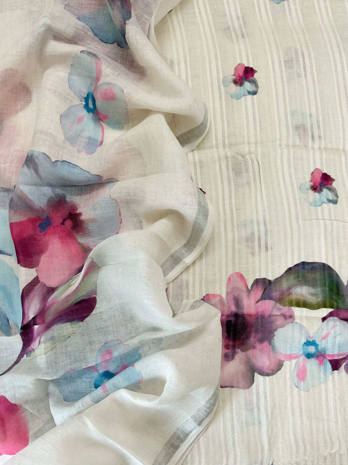 Pure Linen Jute Cotton Printed Suit - Offwhite