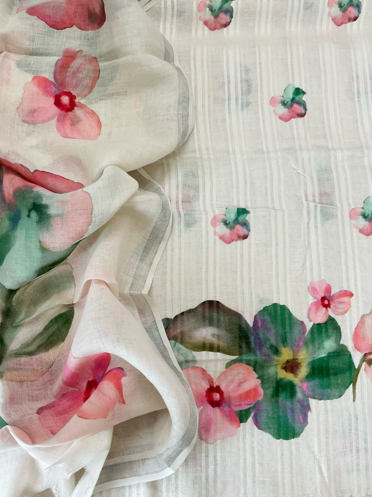 Pure Linen Jute Cotton Printed Suit - Offwhite