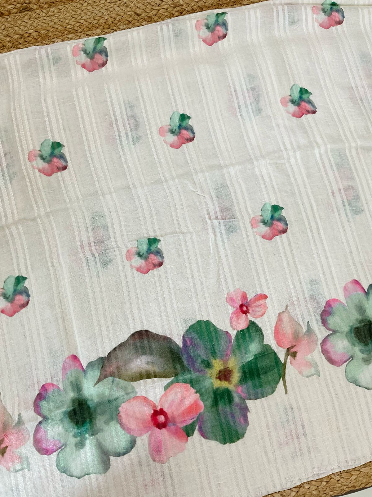 Pure Linen Jute Cotton Printed Suit - Offwhite