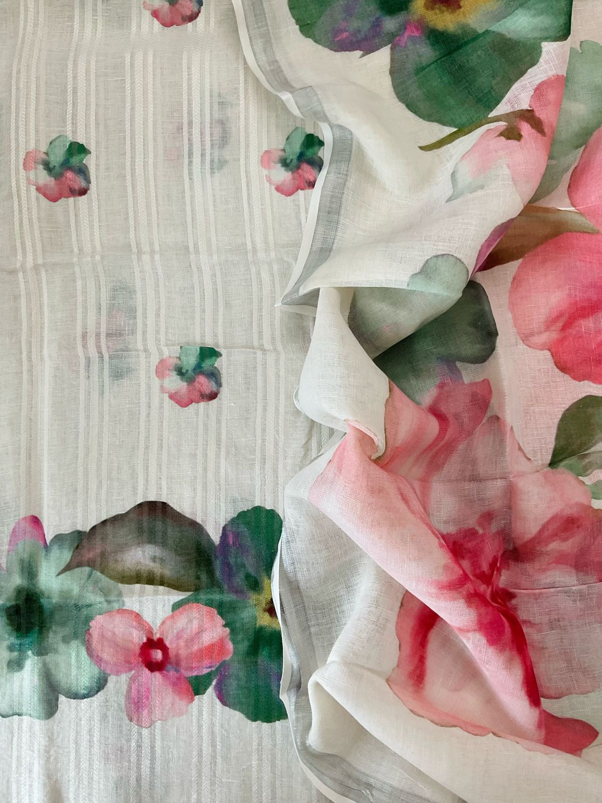 Pure Linen Jute Cotton Printed Suit - Offwhite