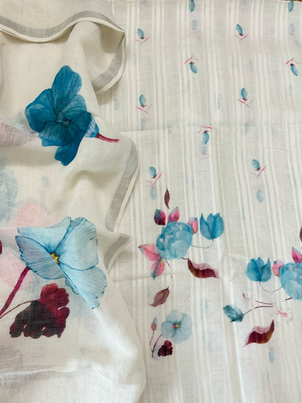 Pure Linen Jute Cotton Printed Suit - Offwhite