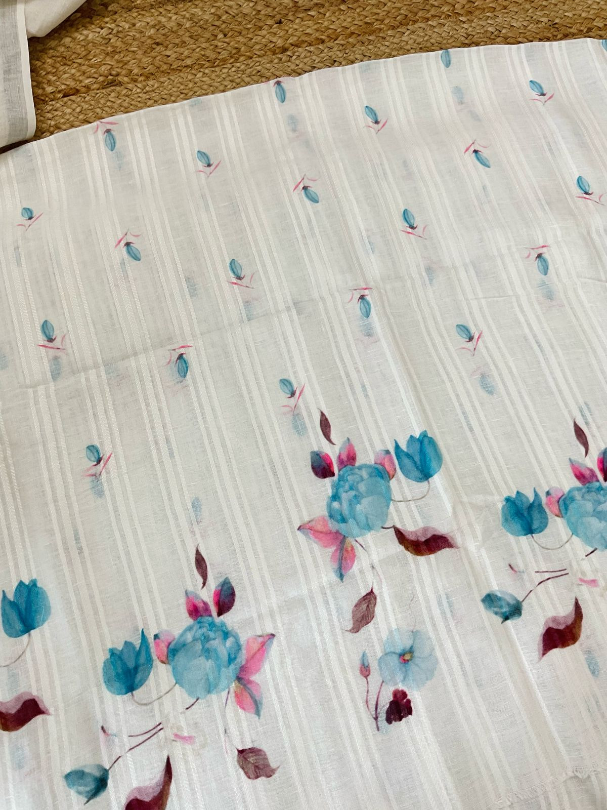 Pure Linen Jute Cotton Printed Suit - Offwhite