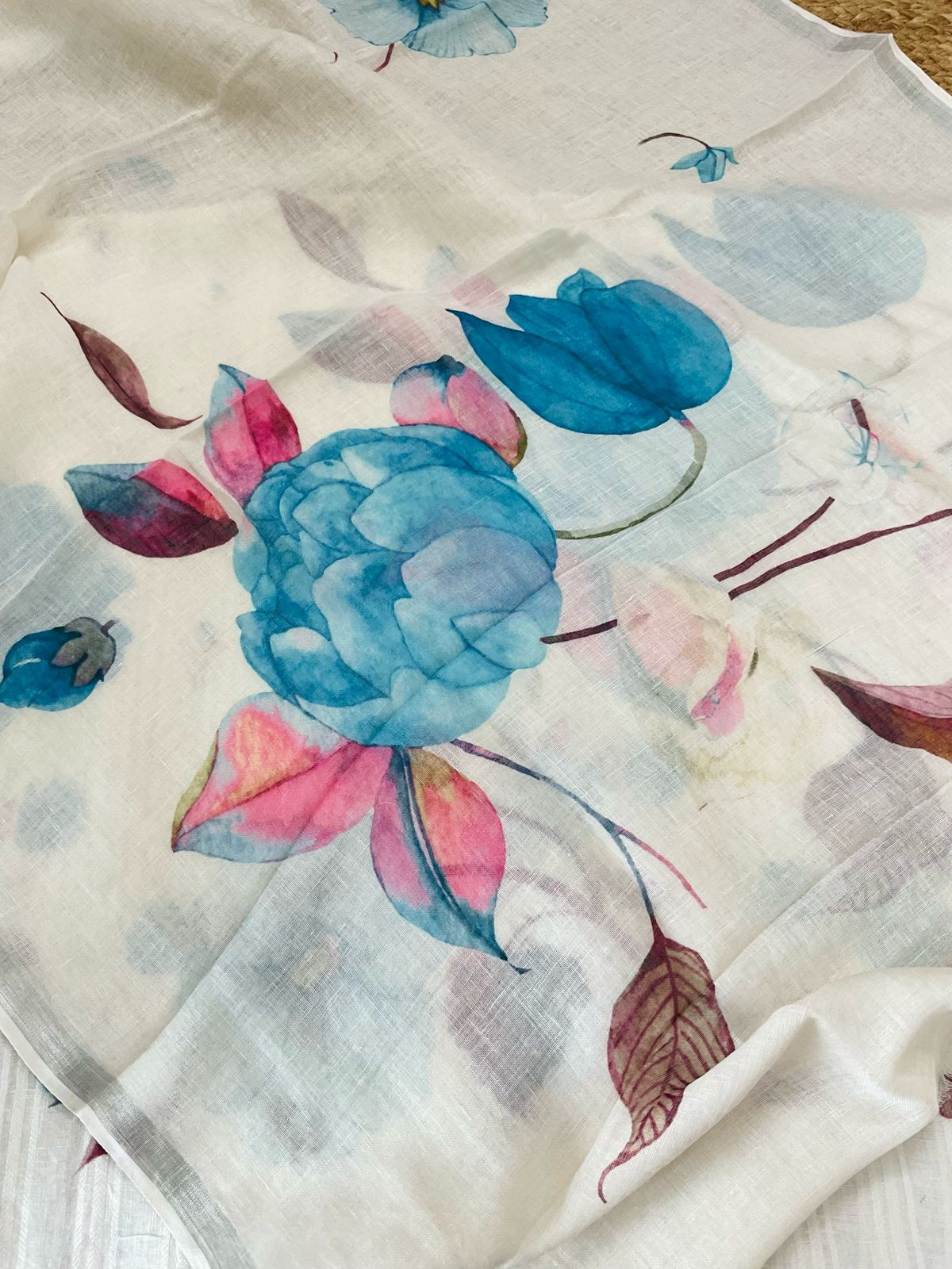 Pure Linen Jute Cotton Printed Suit - Offwhite