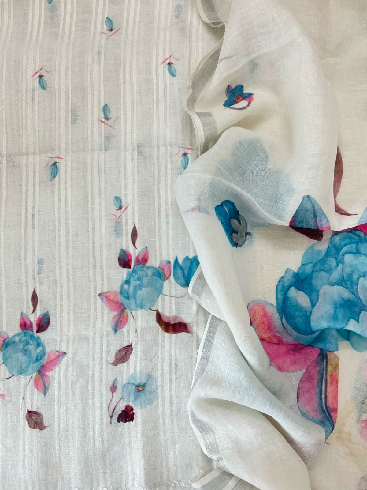 Pure Linen Jute Cotton Printed Suit - Offwhite