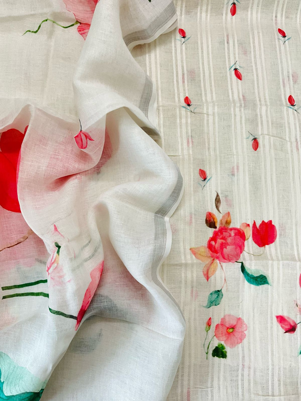 Pure Linen Jute Cotton Printed Suit - Offwhite