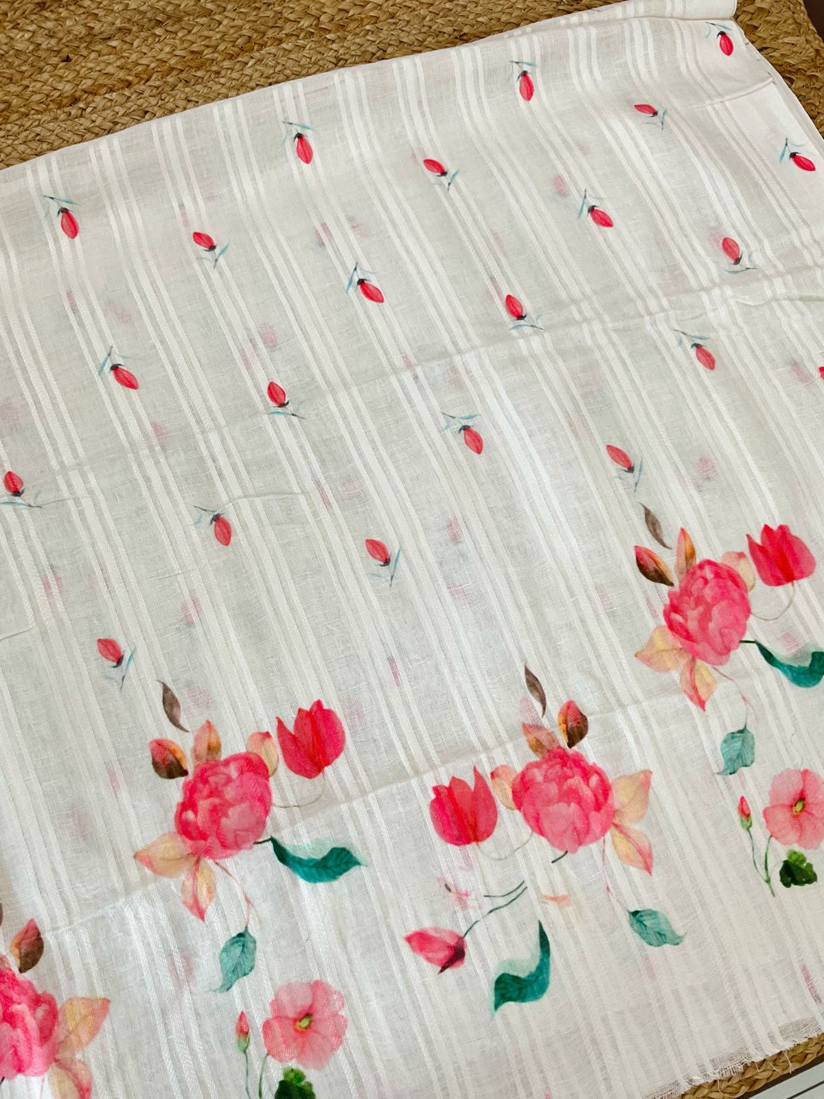 Pure Linen Jute Cotton Printed Suit - Offwhite