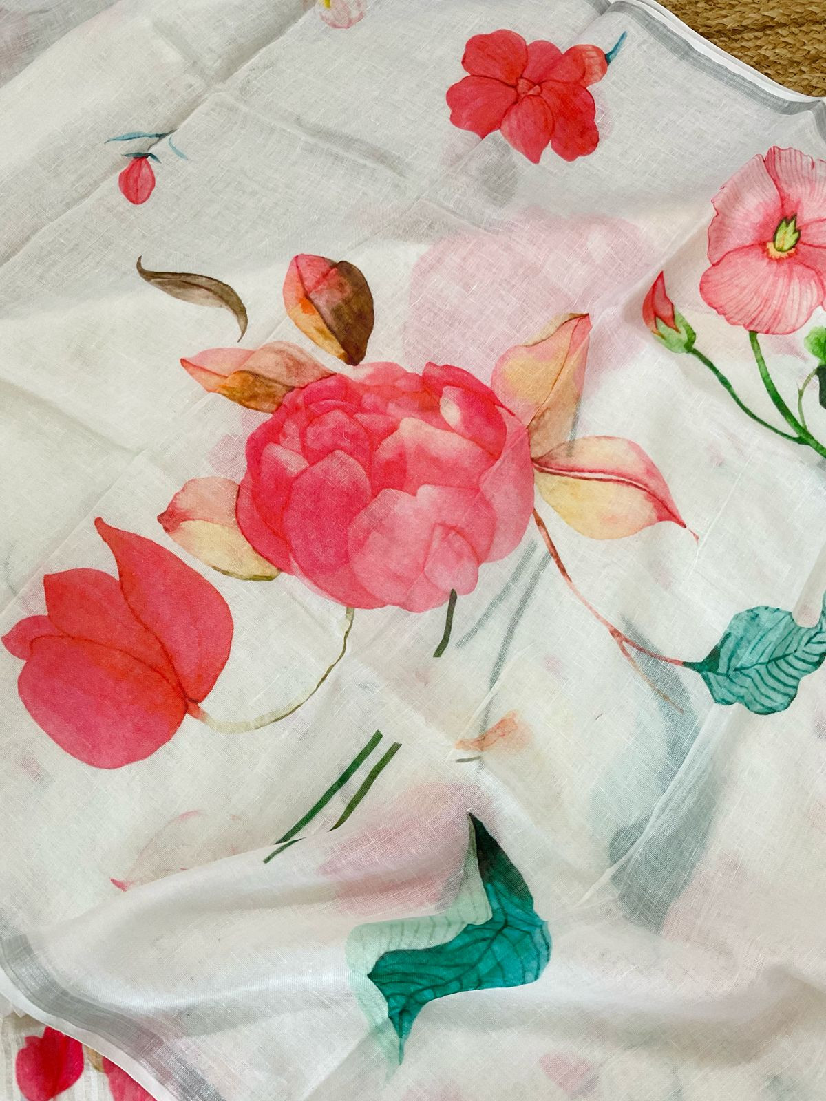 Pure Linen Jute Cotton Printed Suit - Offwhite