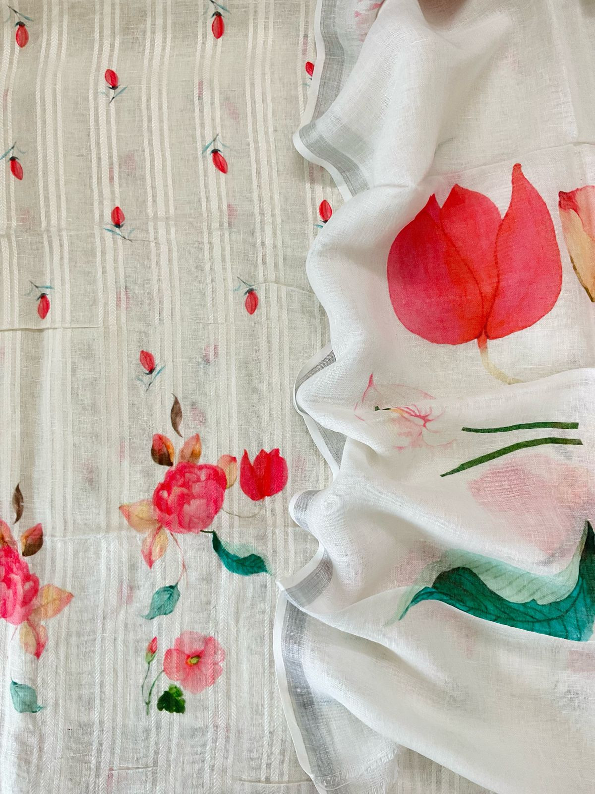 Pure Linen Jute Cotton Printed Suit - Offwhite