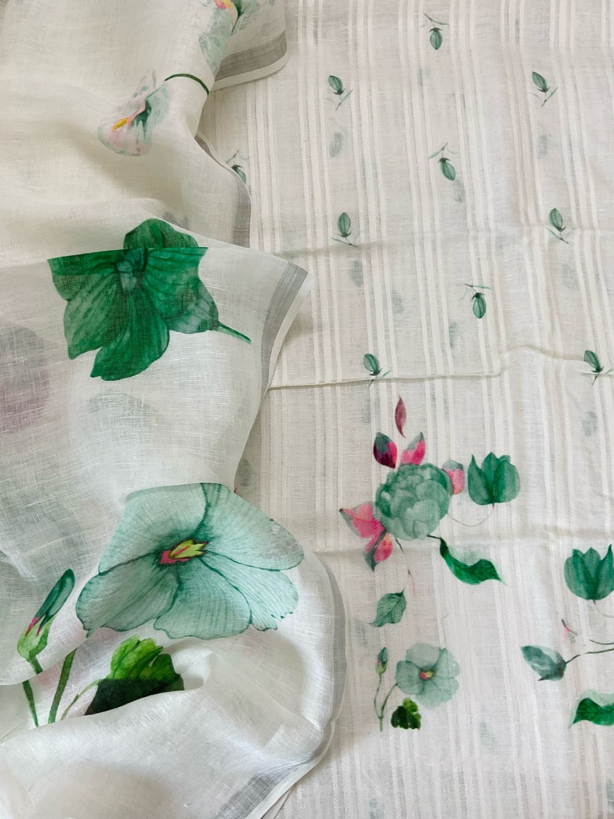 Pure Linen Jute Cotton Printed Suit - Offwhite