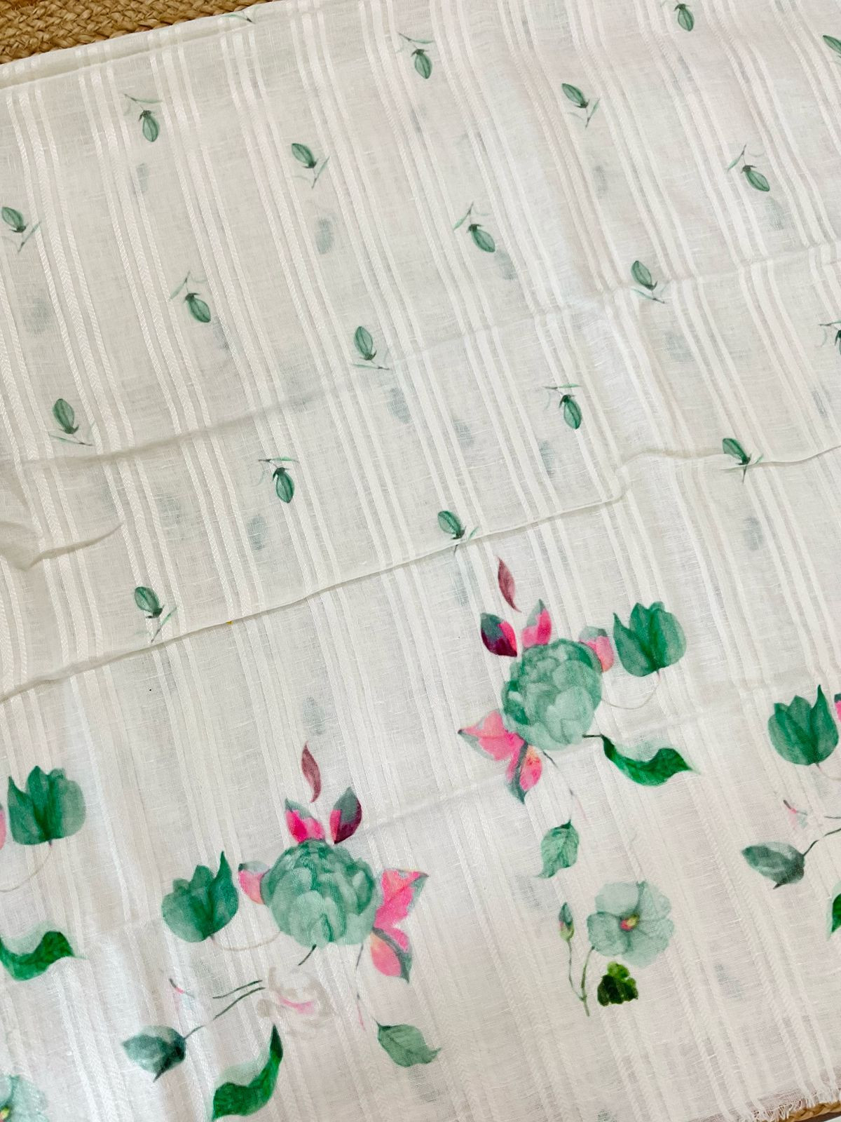 Pure Linen Jute Cotton Printed Suit - Offwhite