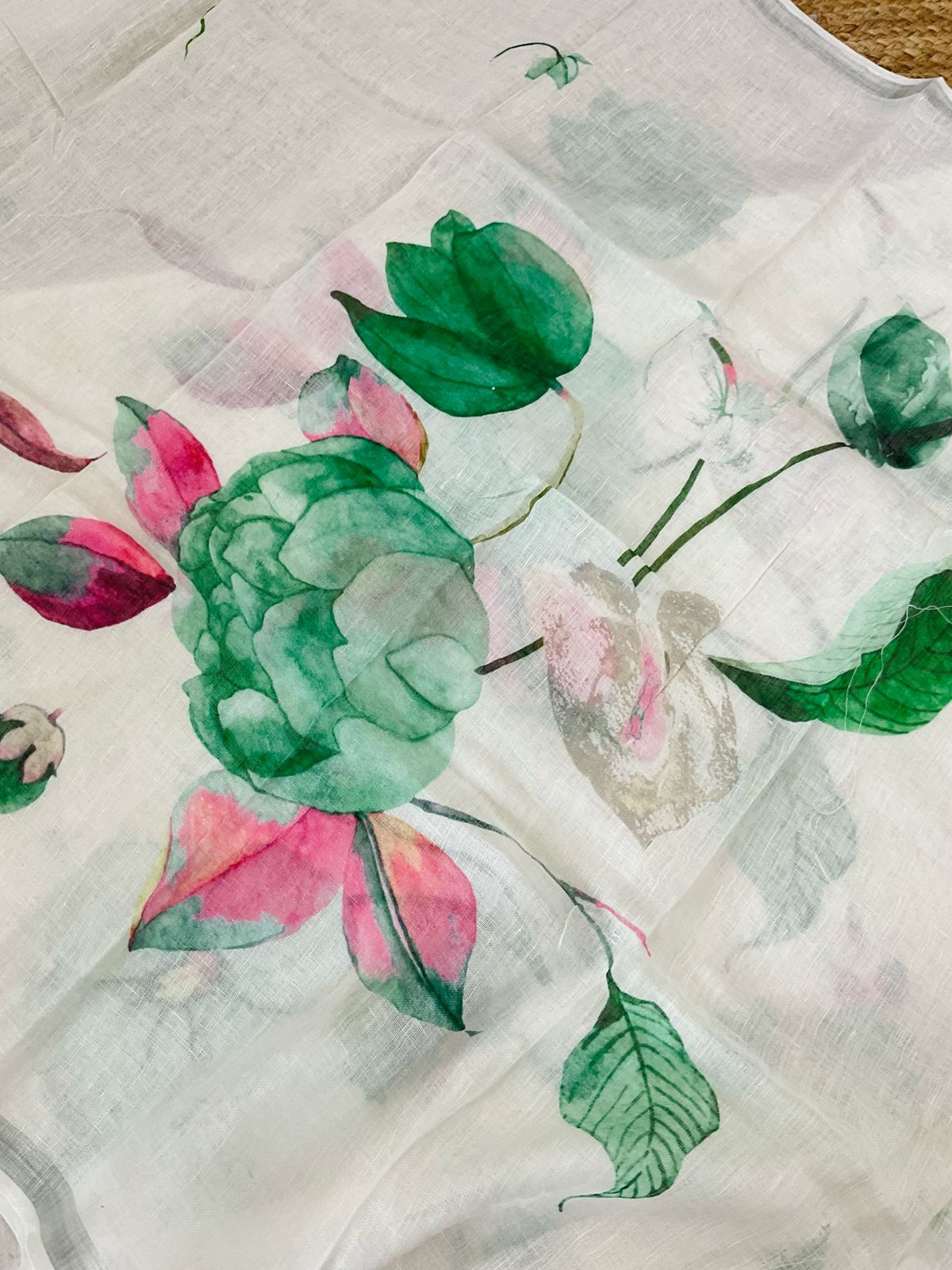 Pure Linen Jute Cotton Printed Suit - Offwhite