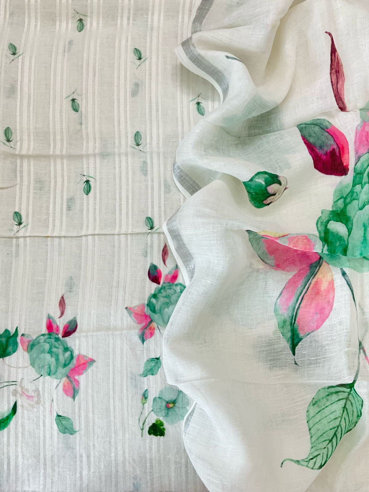 Pure Linen Jute Cotton Printed Suit - Offwhite