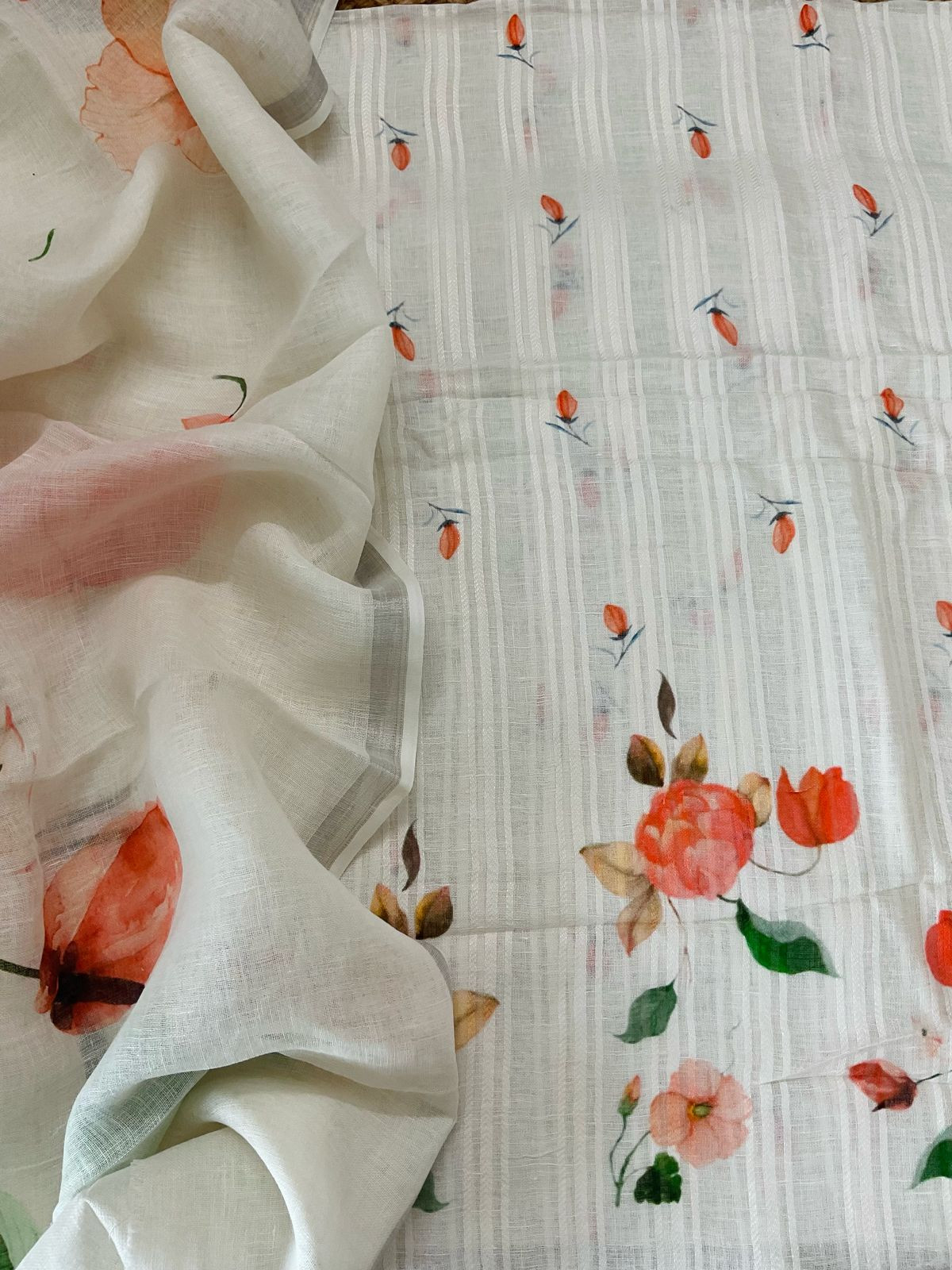 Pure Linen Jute Cotton Printed Suit - Offwhite