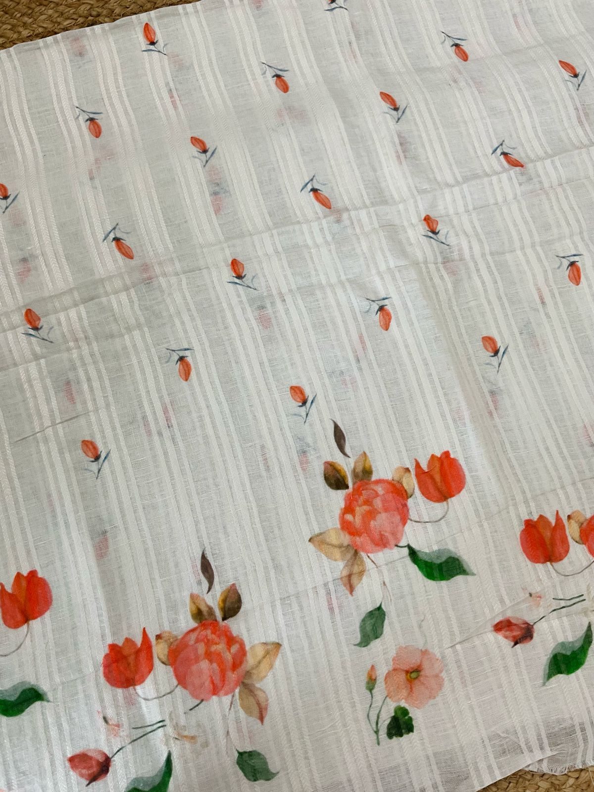 Pure Linen Jute Cotton Printed Suit - Offwhite