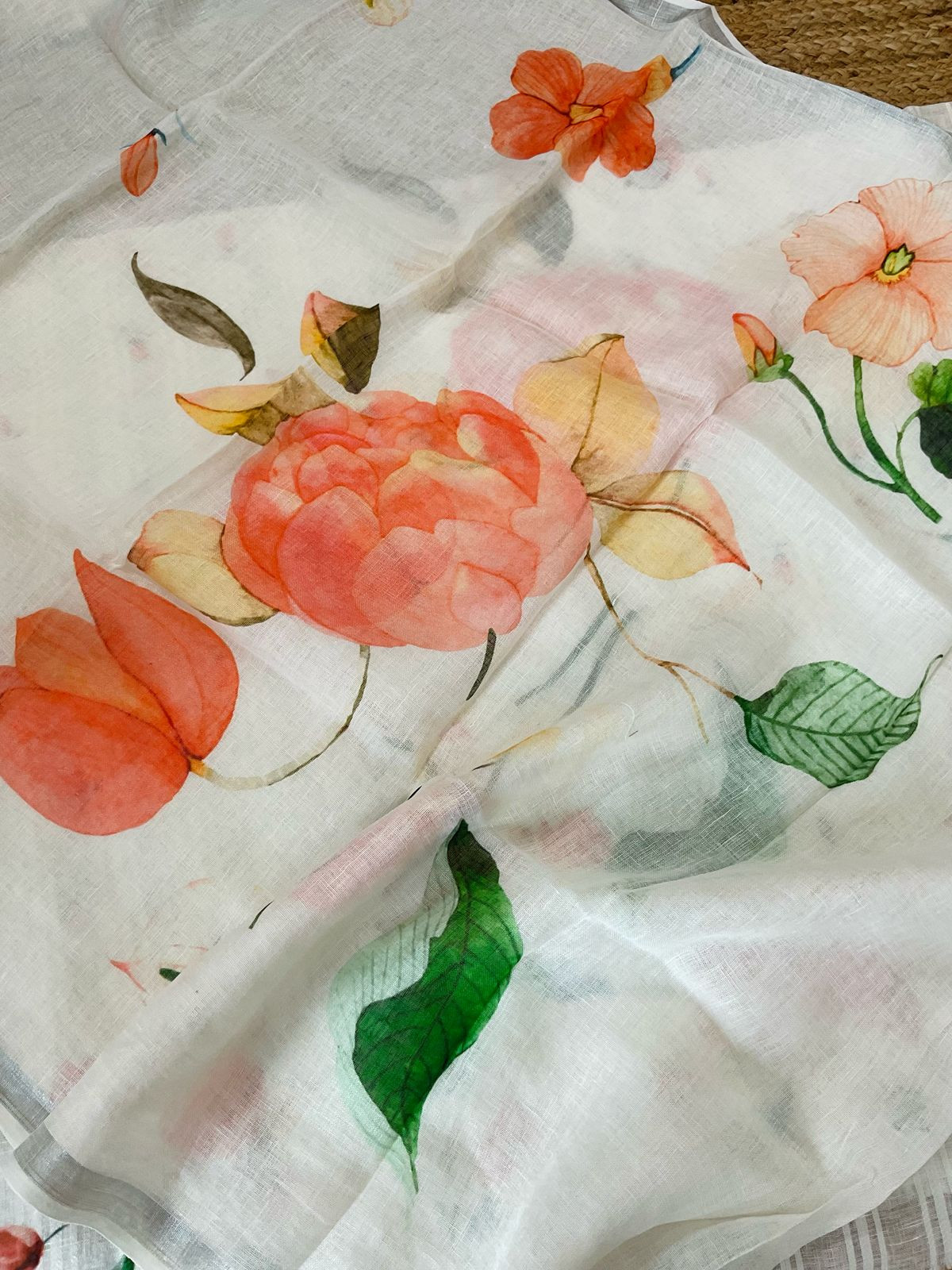 Pure Linen Jute Cotton Printed Suit - Offwhite