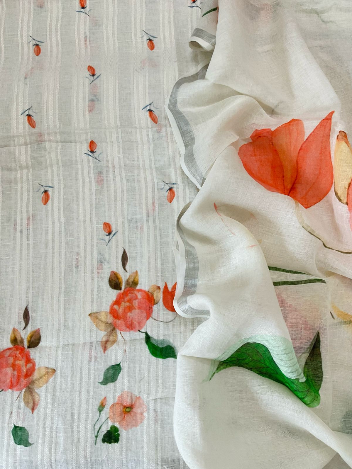 Pure Linen Jute Cotton Printed Suit - Offwhite