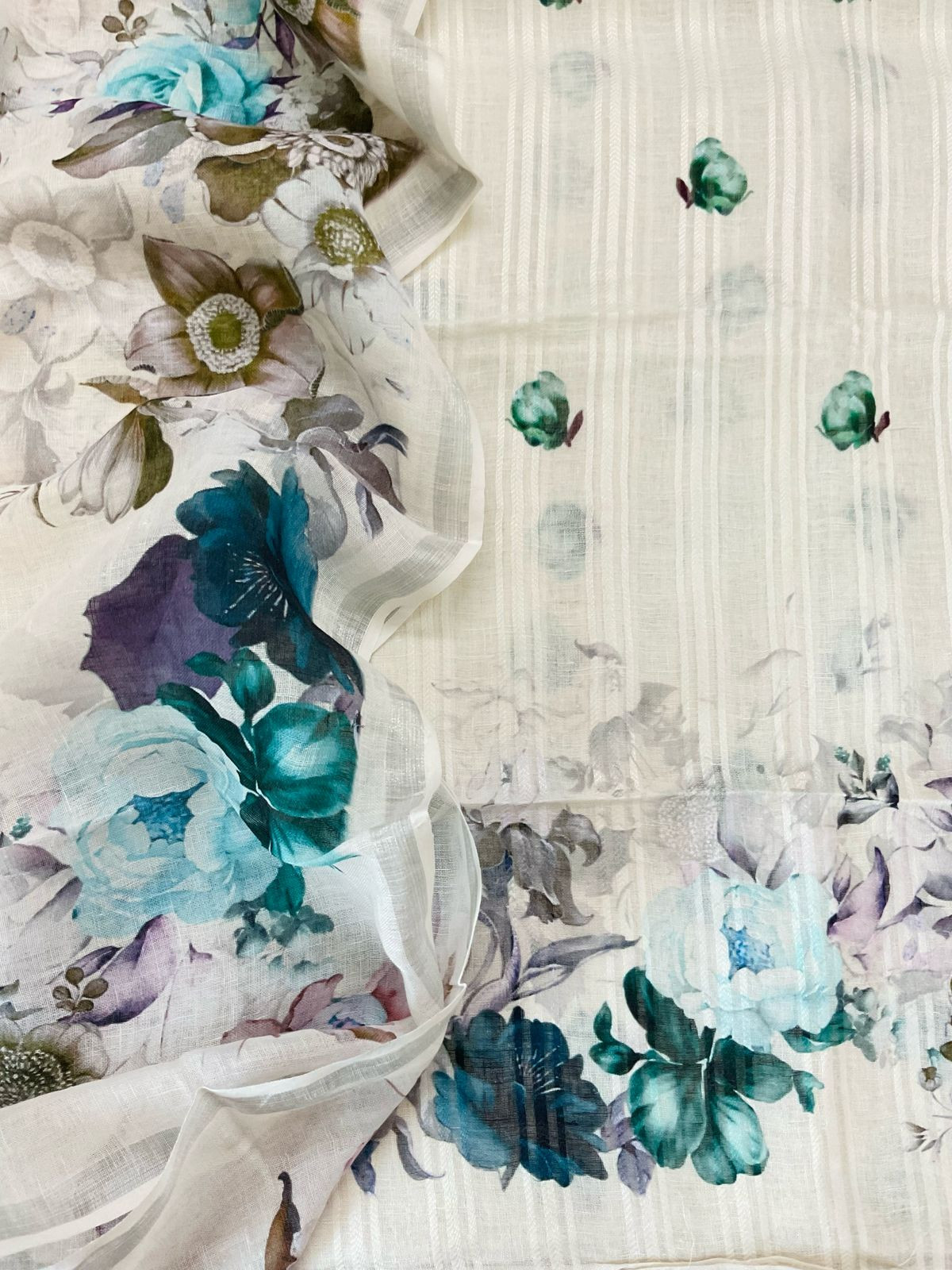 Pure Linen Jute Cotton Printed Suit - Offwhite