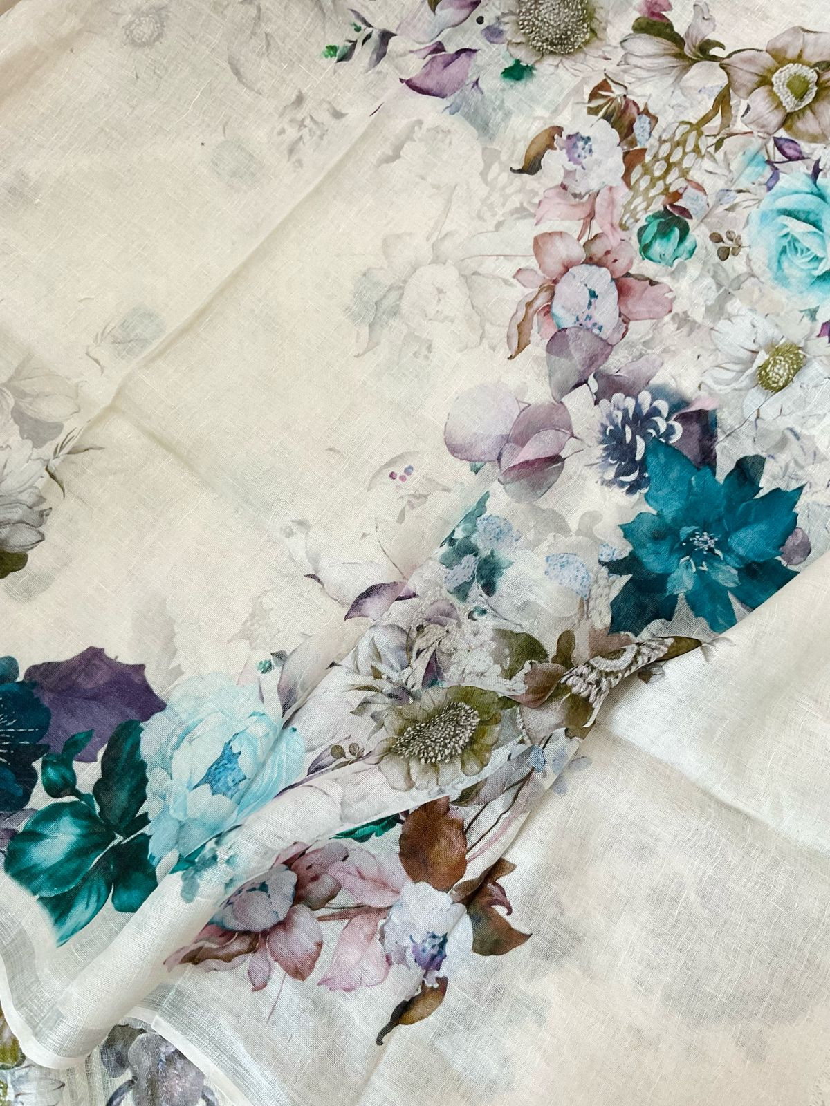 Pure Linen Jute Cotton Printed Suit - Offwhite